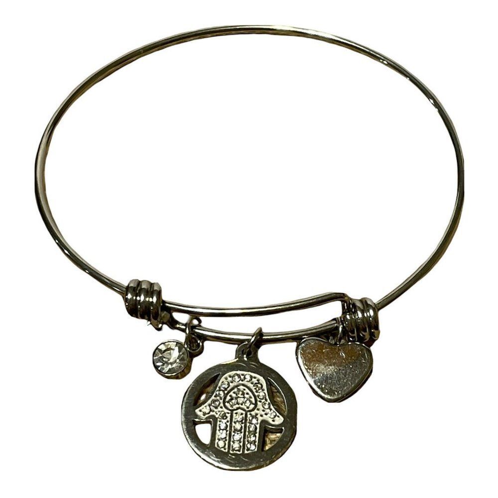 stainless steel adjustable slider bracelet hamsa  unity protection Silver Tone